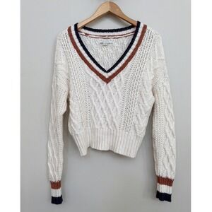 American Eagle Cable Knit Cropped Tennis Sweater Womens M Cream V Neck Preppy
